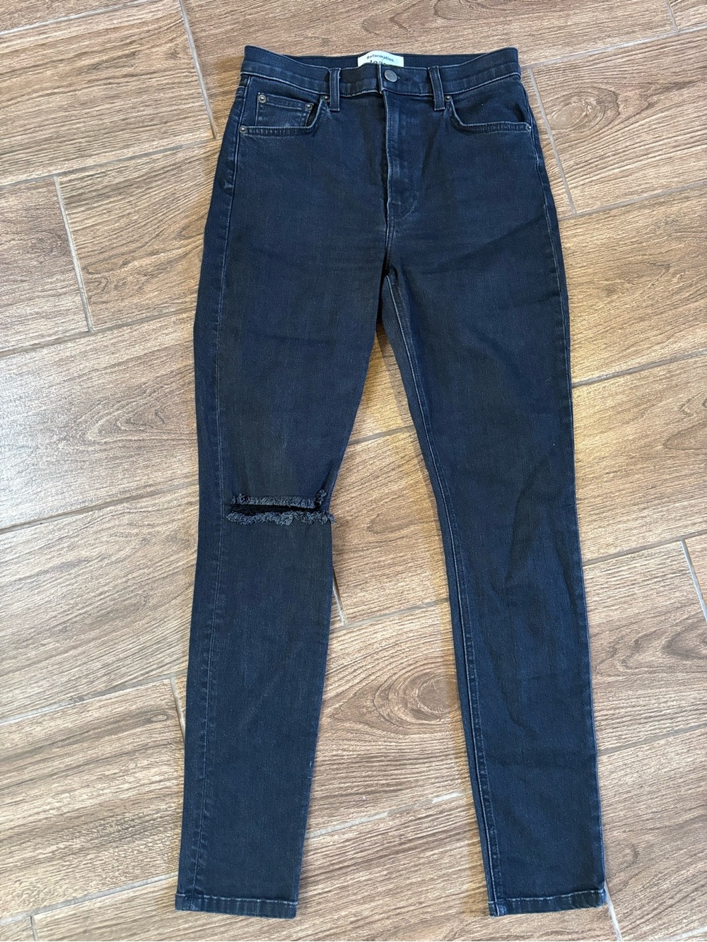 Reformation Black High Rise Skinny Jeans 27 Distressed Knee Raw Hem